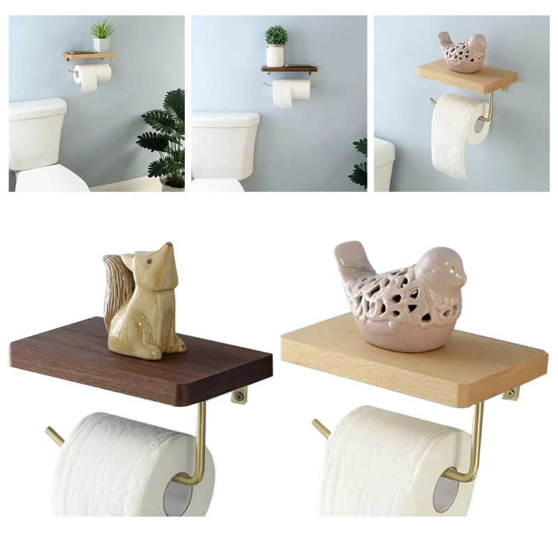 

Toilet Paper Holder Wall Mounted Toilet Roll Tissue Holder Stand with Wooden Shelf for Bathroom Walnut Beech Wood