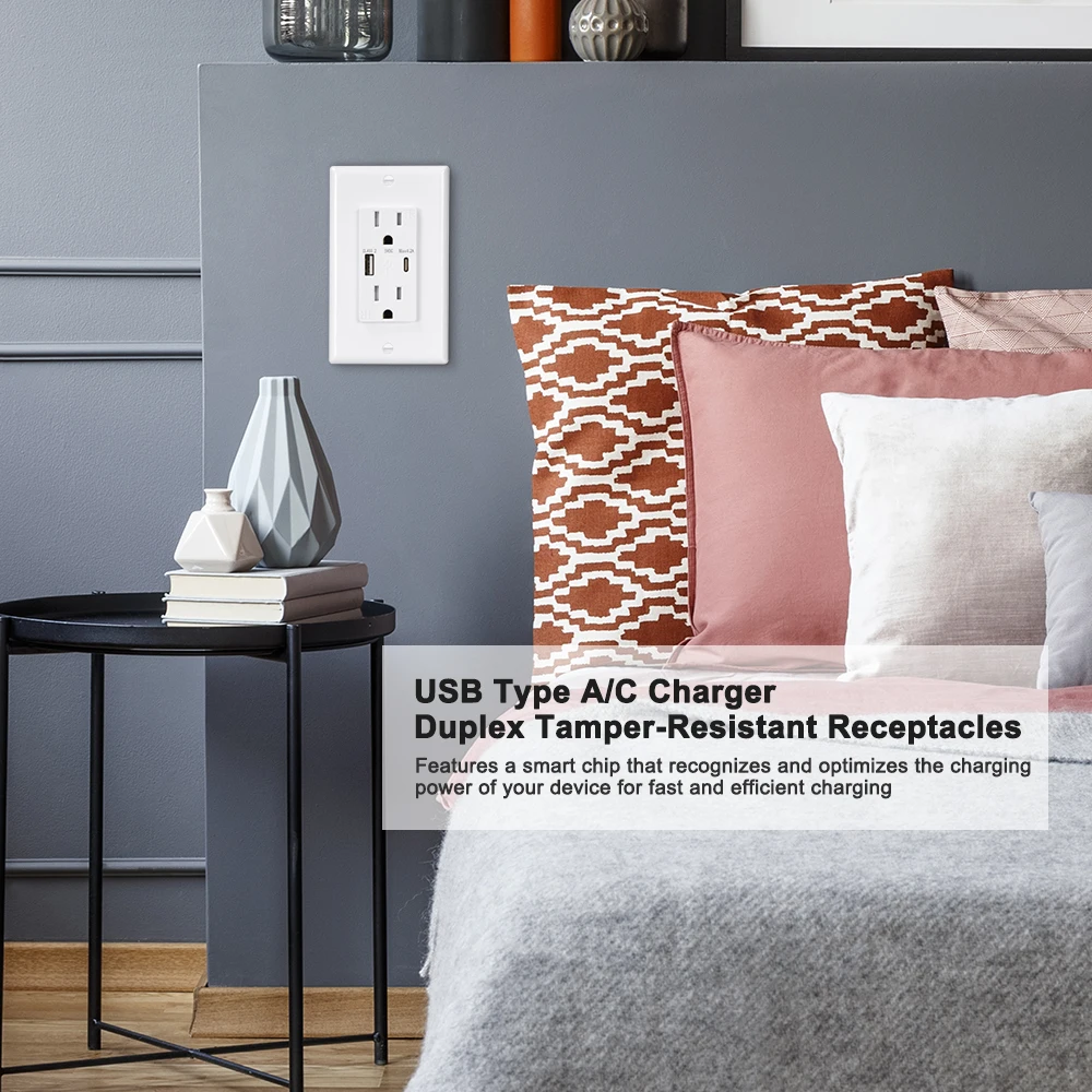 

4.2A USB Type C Wall Outlet 15A 125V Tamper-Resistant USB Outlets Receptacles Fast Charging for iPhone 12/11/XS/XR and Samsung