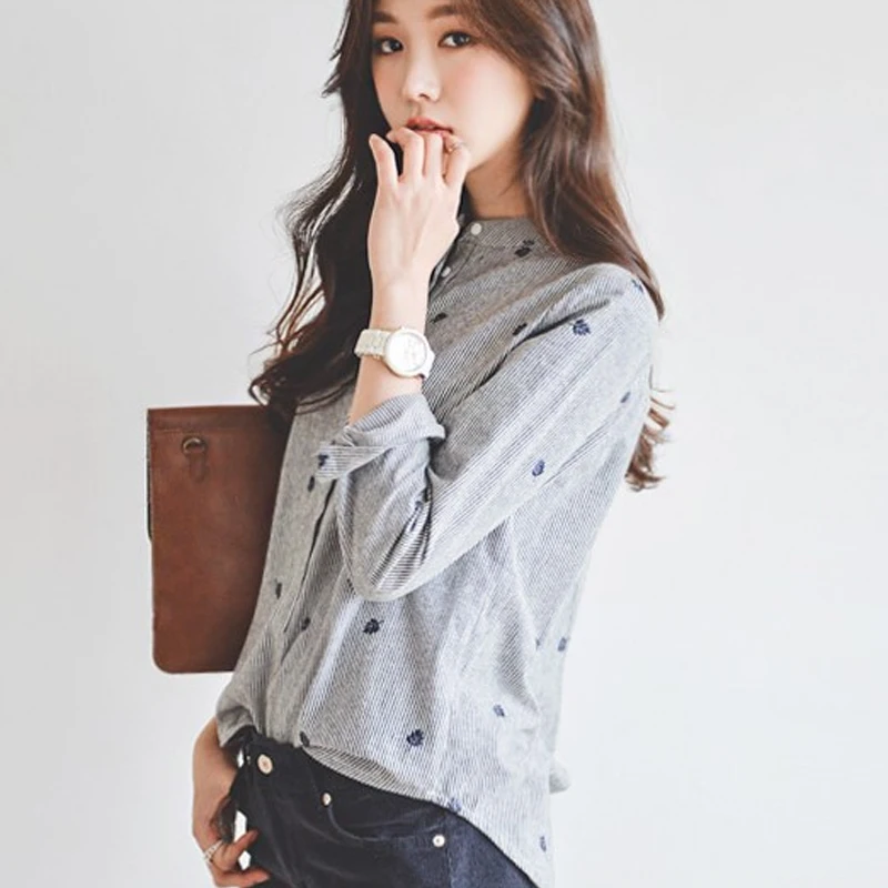 Мода Новый 2019 г. серый Женская блузка в полоску рубашка с длинным листьев рукавом