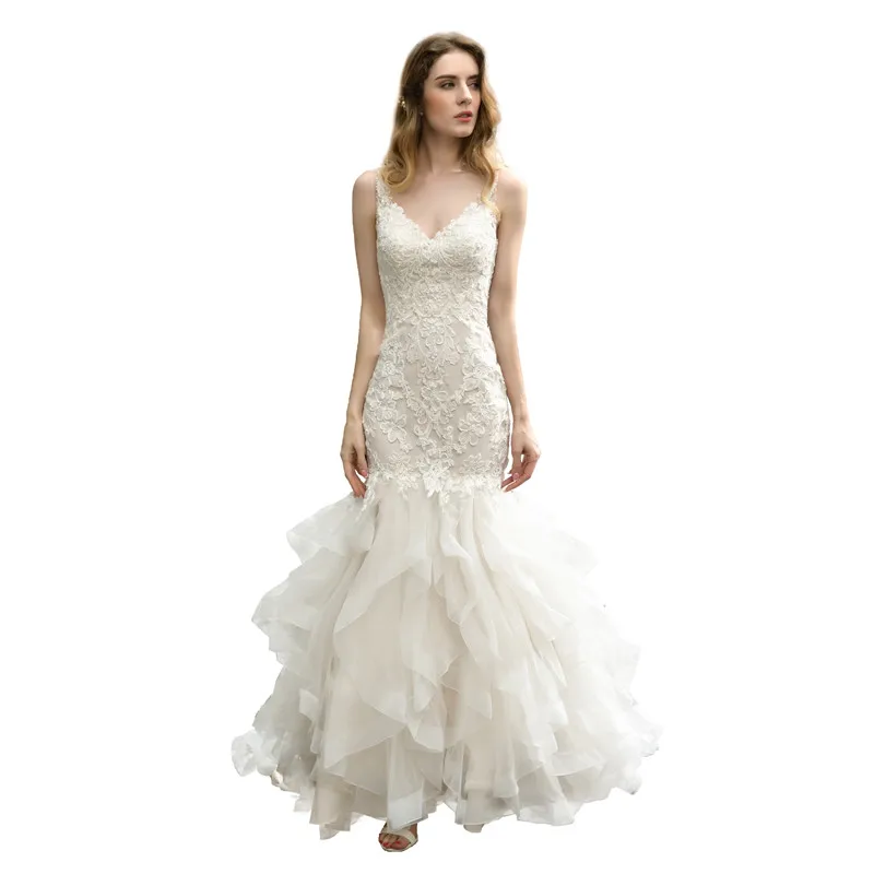 

Milomi.CP Ivory V-Neck Appliques Sleeveless Mermaid Wedding Dress Vestido de noiva Robe de mariee Trouwjurk Abito da sposa 48395