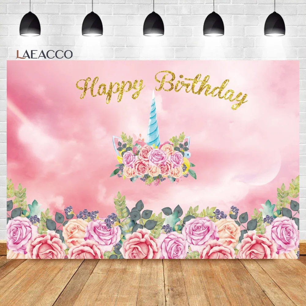 

Laeacco Princess Birthday Pink Gradient Background Unicorn Flowers Newborn Baby Customized Poster Portrait Photography Backdrops