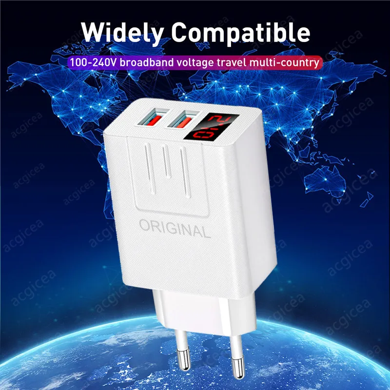

Quick 2 ports EU US USB Charger for iPhone 11 7 Xiaomi Samsung Huawei 5V 3.1A Digital Display Fast Charging Wall Phone Charger