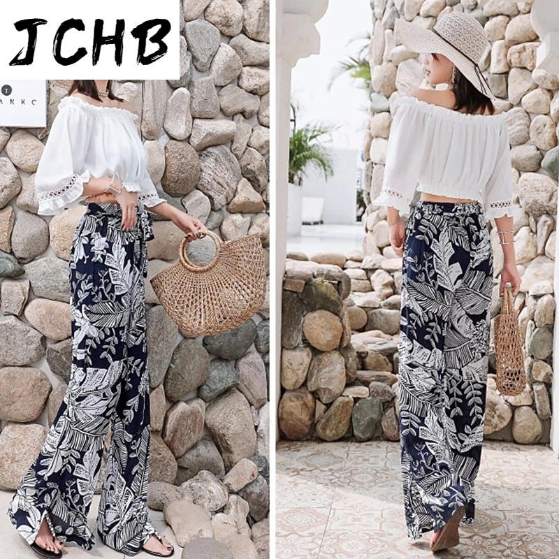 

2021 Summer New Cotton Silk Pants Thin Beachwear Loose Wide Leg Pants Women Seaside Vacation Long Trousers Vintage Lady Clothes