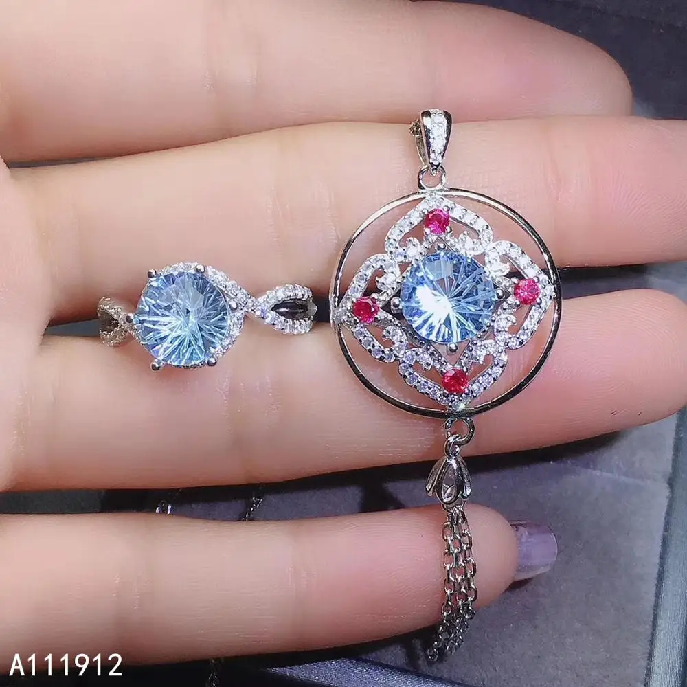 

KJJEAXCMY fine jewelry natural blue topaz 925 sterling silver women gemstone pendant necklace ring set support test lovely