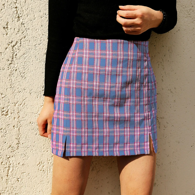

Mini Skirts Women Sexy Plaid High Waist Side Split Rokjes Bottoms Skirts Summer Bodycon Plaid Casual Summer Skirts