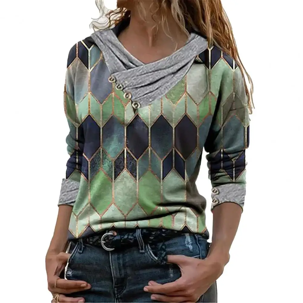 

Geometric Shirt Printed V-Neck Blouse Long Sleeve Pullover for Women
