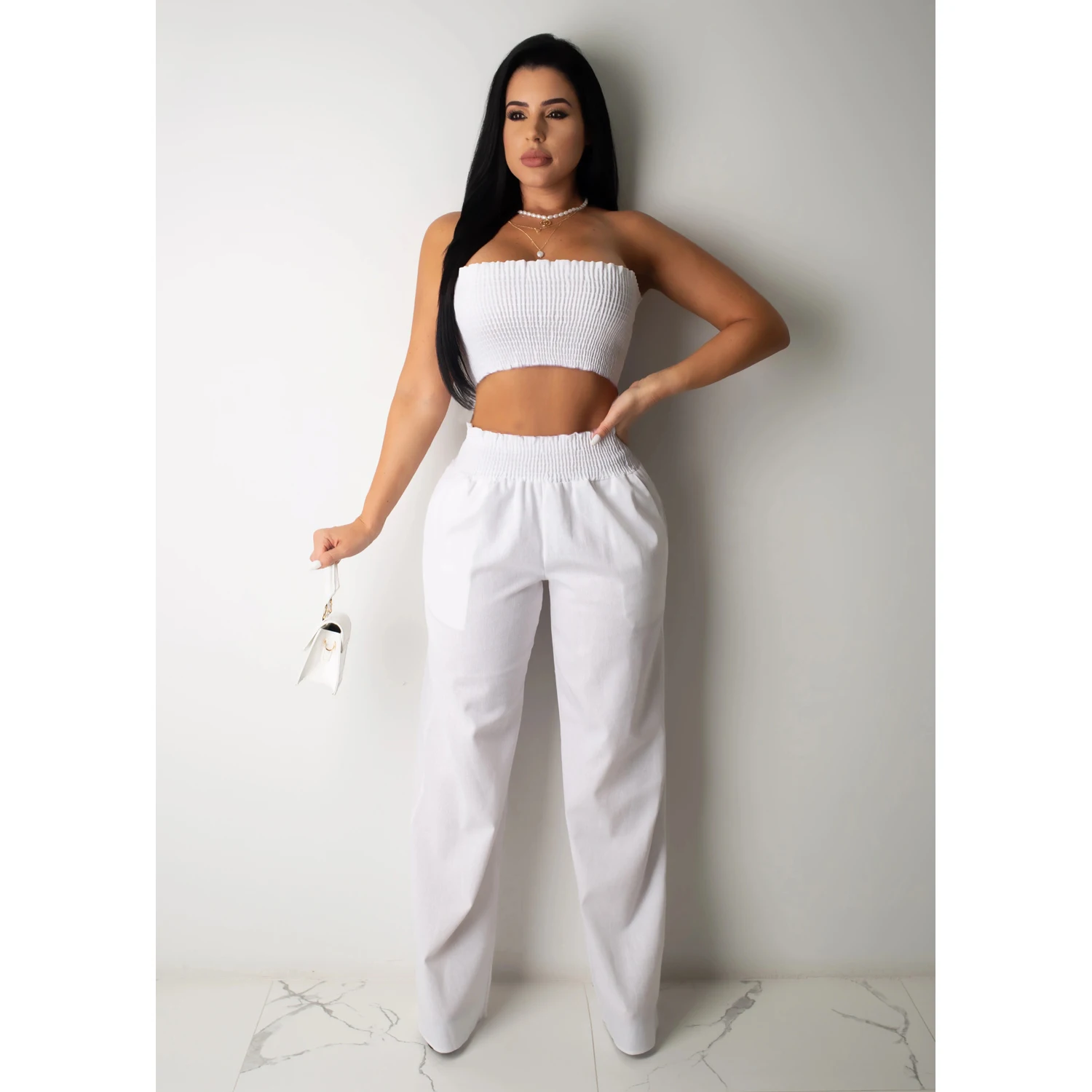 2020 Для женщин комплекты летние костюмы без бретелек Карманы Crop костюм: топ + штаны