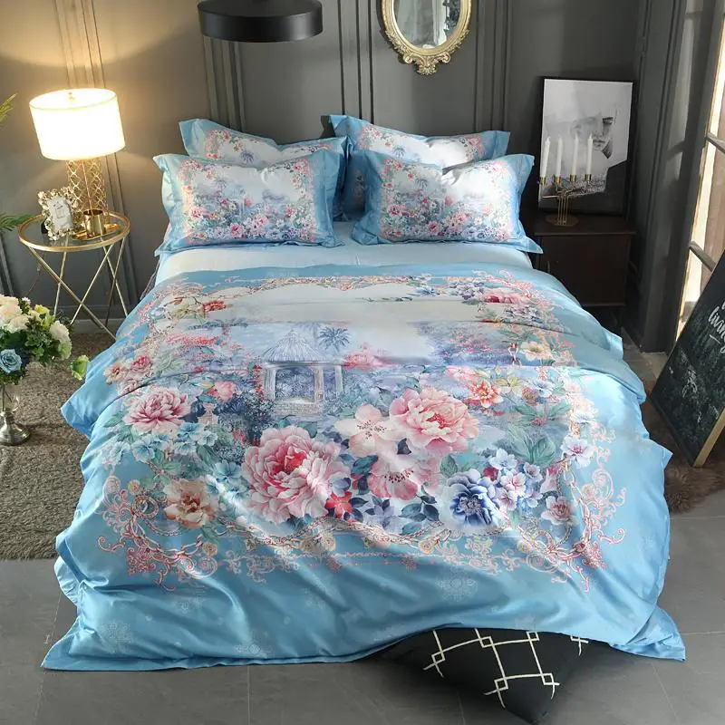 Комплект постельного белья голубого цвета жаккардовый с 3D рисунком размеры King size