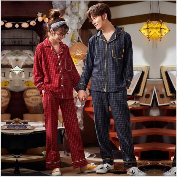 Клетчатый пижамный комплект для пар Fdfklak одежда сна с длинным рукавом на весну и