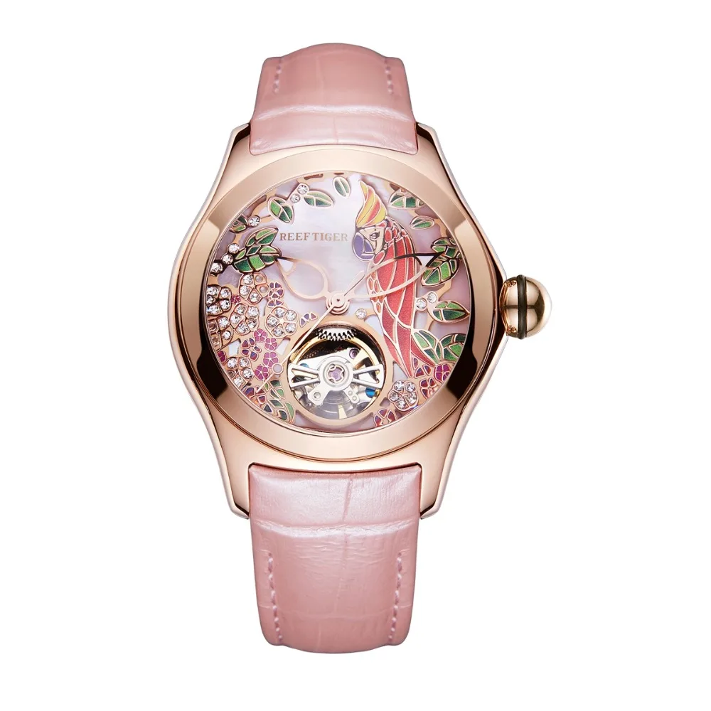 Reef Tiger Top Brand Design Luxury Women Watches Pink Dial Leather Strap Mechanical Watch Rose Gold Fashion reloj mujer | Наручные часы