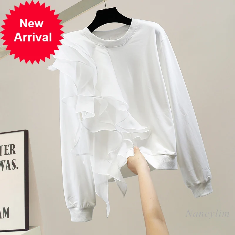 

Fashion Irregular Layered Chiffon Ruffled Stitching Solid Color Long-Sleeved Sweatshirt Womens Pullovers Top Femme White Black