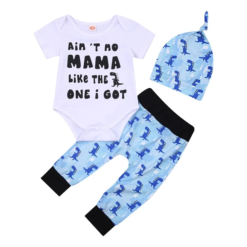 

0-18M Newborn Baby Boy Girl Short Sleeve Letter Print Cotton Bodysuit Tops Dinosaur Long Pant Hat 3PCS Outfits Baby Clothing Set