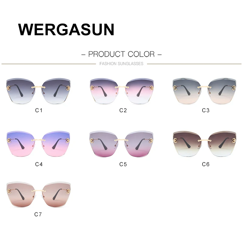 

WERGASUN Cat Eye Sunglasses Women Brand Design Metal Frame Mirror Sun Glasses Vintage Rimless Gradient Glasses For Female UV400
