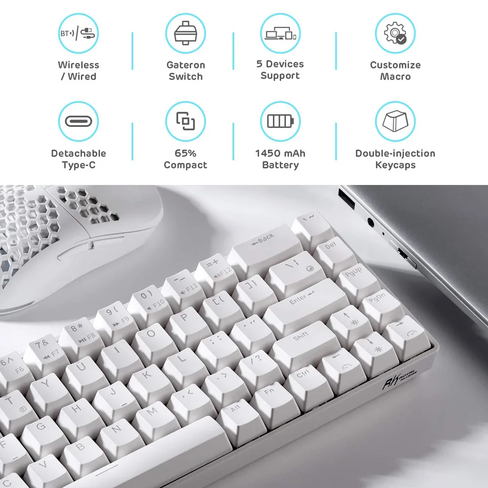 Двухрежимная клавиатура Royal Kludge RK855 BT и проводная белая подсветка 68 клавиш мини