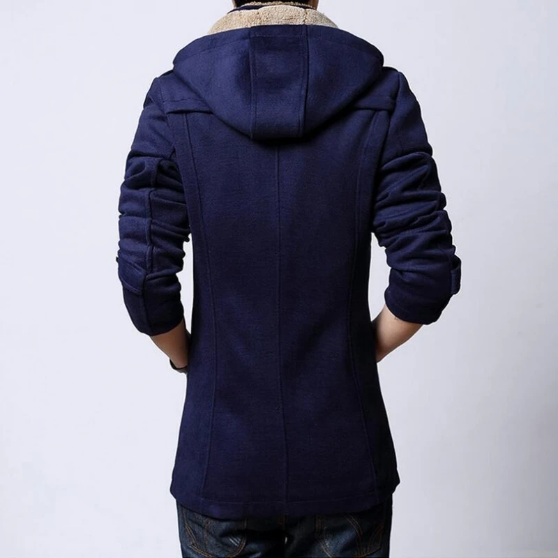 

Winter Fleece Lined Wool Trench Coat Korean Style Slim Fit Thick Warm Windbreaker Fashion Hooded Jacket Men Plus Size 5XL