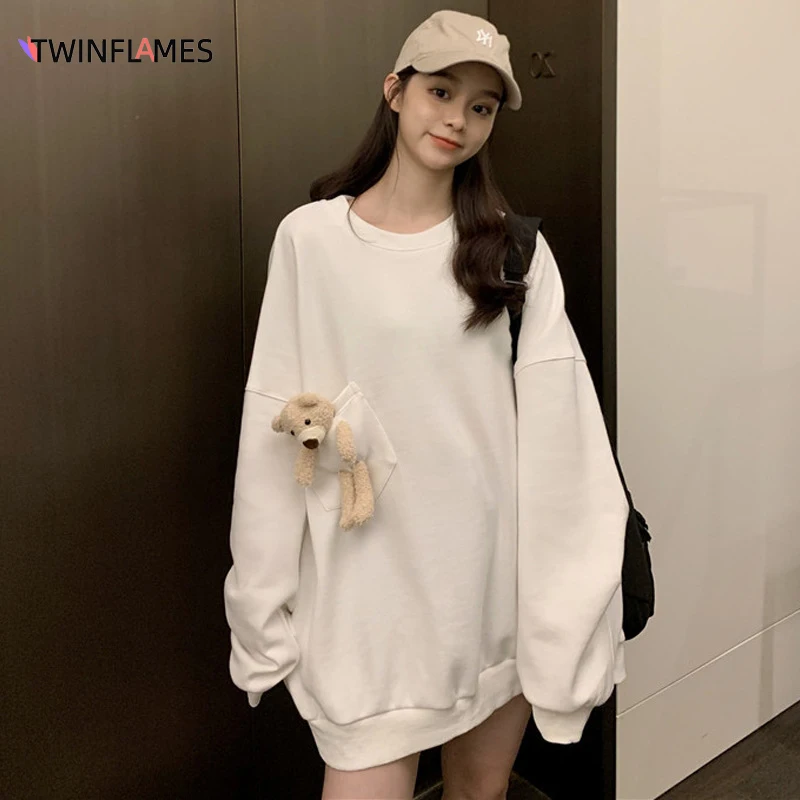

New Bear Pocket Kawaii Autumn Hoodies Women's Sweatshirt Pullover Hoodie Long Sleeve Korean Fashion Cute Clothes Tops for Girls