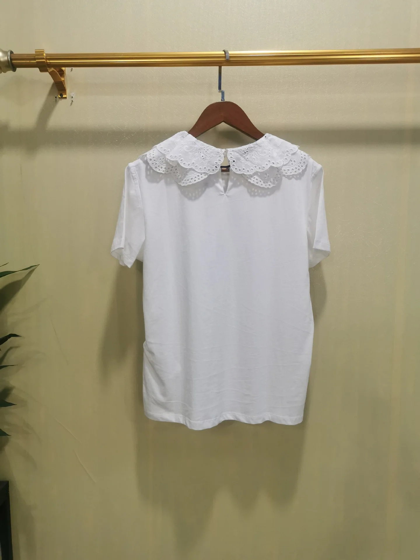 

Women T-shirt 2021 Spring and Summer New Ladies Solid Color T-shirt Top with Lace Butterfly Tie