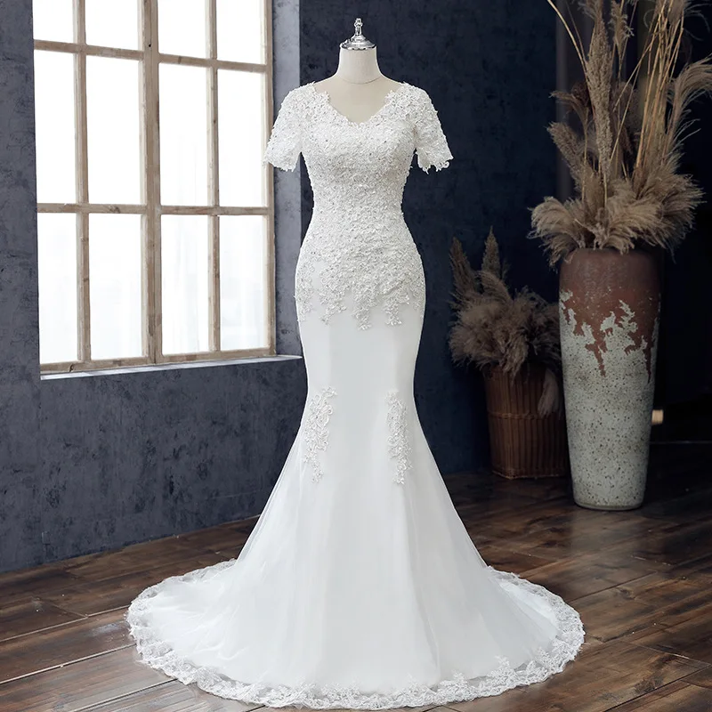 

Mermaid wedding dress lace appliques flower robe de mariee elegant V neck short sleeve wedding gowns mermaid bridal gown