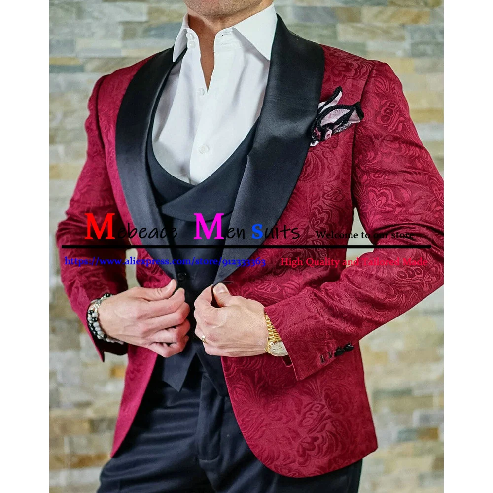 

Смокинг для жениха Черный и бордовый, мужские костюмы с лацканами и шалью, 3 предмета, пиджак, жилет, брюки, костюм жениха на свадьбу