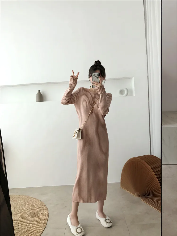 

Pullover Elegant Slim Retro Vestidos Women's Knitted Dress Spring Autumn Chic Button Vertical Lines Bodycon Bottoming Sweater