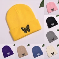 2021 new women men autumn knitted beanie hat cartoon butterfly embroidered solid color harajuku hip hop warm cuffed skull cap