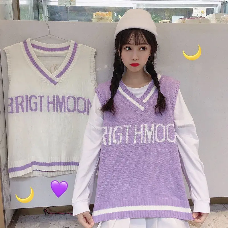 Women Sleeveless Pullover Jumper 2020 Autumn Korean Style Cute Letter Moon Embroidery V Neck Knitted Sweater Vest Waistcoat T399 | Женская