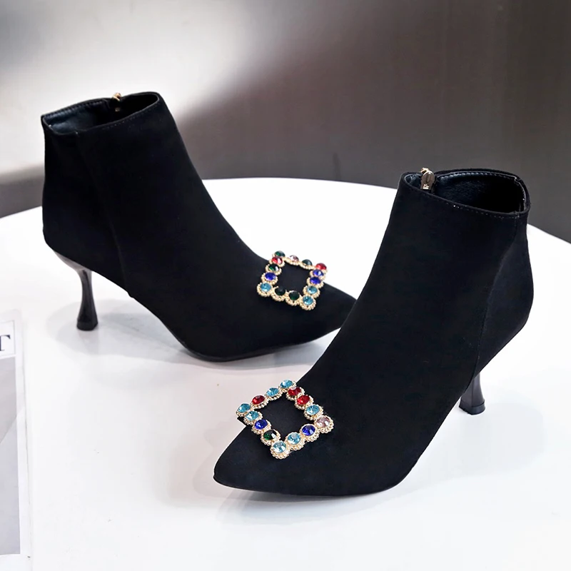 Пикантные Черные ботильоны с острым носком для ночного клуба женские ботинки на