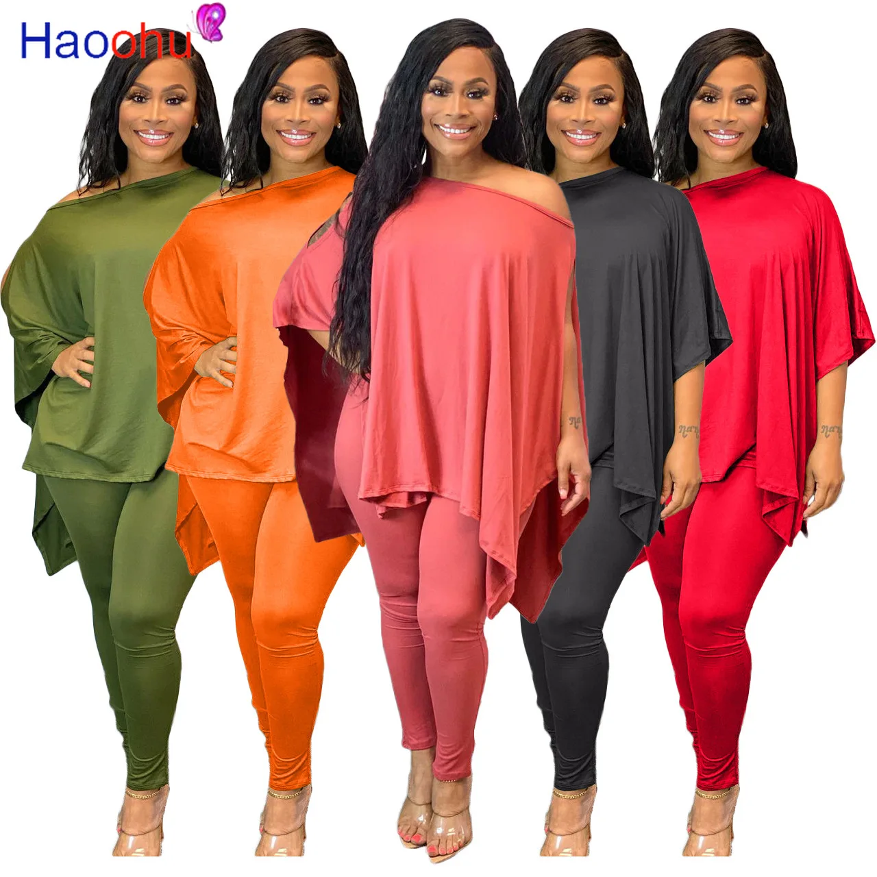 

HAOOHU Autumn Sexy Women 2 Piece Set Fashion Solid Off Shoulder Long Sleeve Loose Top + Skinny Pants Two Piece Set Tracksuit