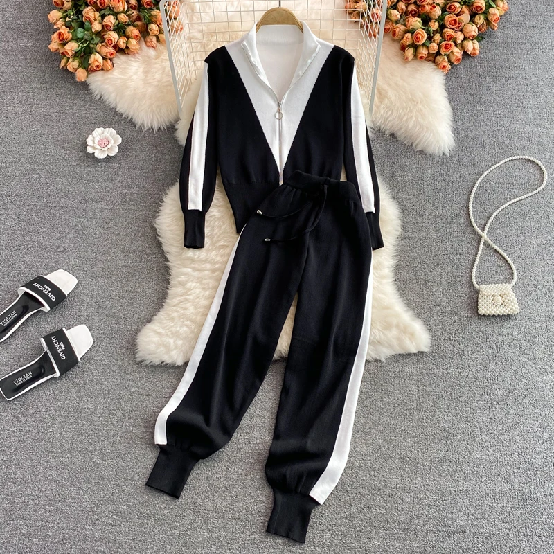 

Amolapha Women Casual Loose Knitted Clothing Sets Black White Zipper Cardigan Tops+Elastic Waist Trousers Female Autumn Outfits