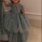 Серое кружевное платье с бусинами для девочек, Многоярусное Тюлевое платье для маленькой принцессы на свадьбу и вечеринку, Детские платья для причастия и конкурса