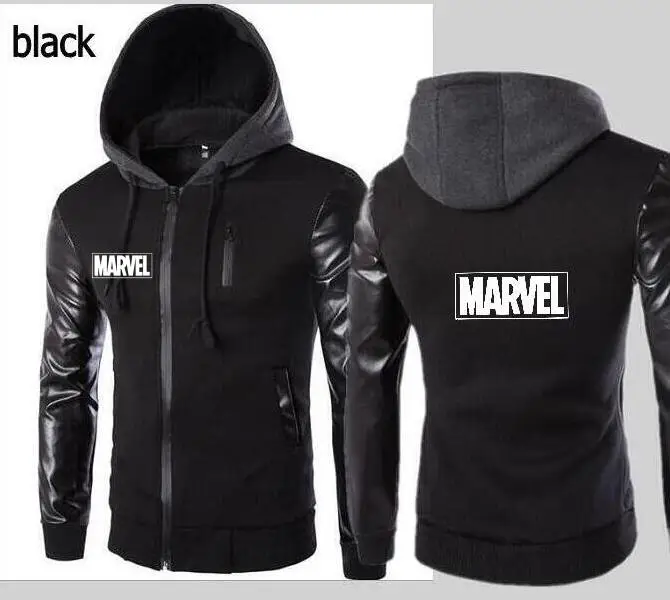 Мужская куртка с капюшоном MARVEL рукавами кожаный дизайн модная мотоциклетная