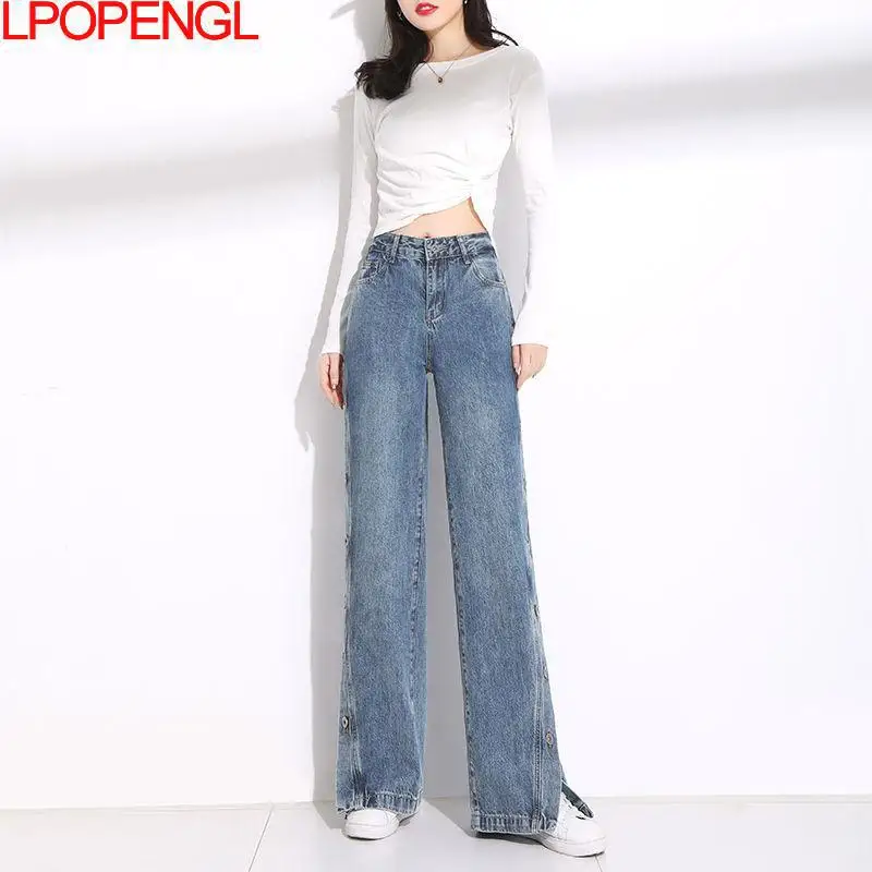 

Джинсы женские с широкими штанинами, на пуговицах сбоку, синие повседневные штаны в стиле ретро, очень большие размеры, весна-лето 2021