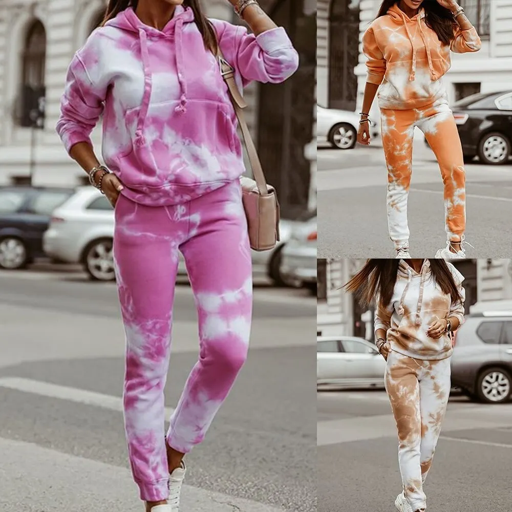 

Winter Long Sleeve Casual Tracksuit Outfits Autumn Two Piece Set Women Tie Dye Printed Hoodies Sweatshirt and Pants Suits