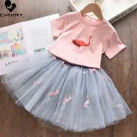 two piece girls clothing sets summer 2022 baby girl flamingo print short sleeve t shirts with mesh pleated skirt clothes suit