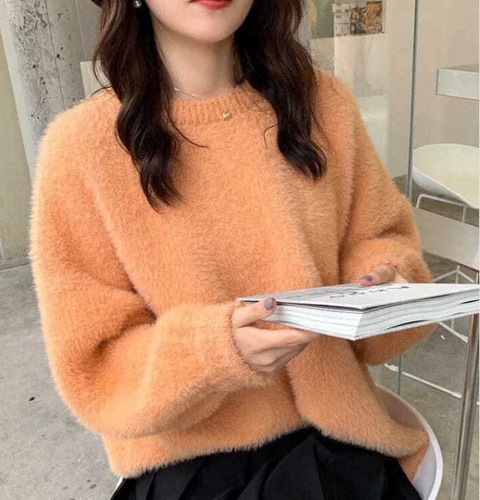 

Oversize Loose Women Mohair Knitted Soft Sweaters 2021 Autumn Winter Mink Cashmere Thicked Warm O Neck Pullovers Jumper