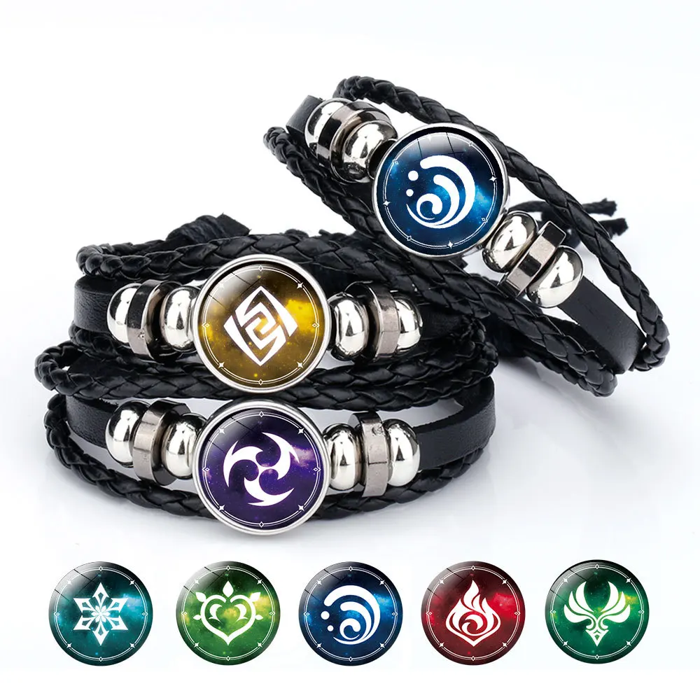 

Genshin Impact Leather Bracelet God's Eye Water Wind Thunder Fire Rock Ice Element Buckle Anime Game God's Eye Bracelet Cosplay