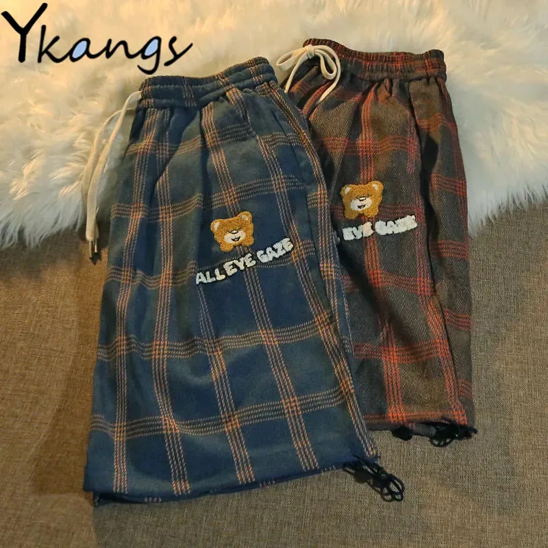 

Kawaii High Waist Plaid Bear Wide Leg Drawstring Cargo Shorts Female Korean Harajuku Streetwear Joggers Goth Sports Shorts Women