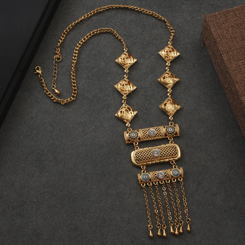 

Long Chain Necklace Gold Plated Saudi Arabia Wedding Jewelry Tassels Pendant Necklace Arabic Women Jewelry Gifts