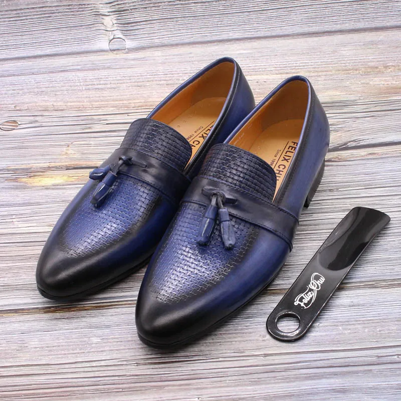 FELIX CHU Men's Tassel Loafers Blue Black Genuine Leather Luxury Brand Casual Shoes Handmade Mens Wedding Comfortable | Обувь