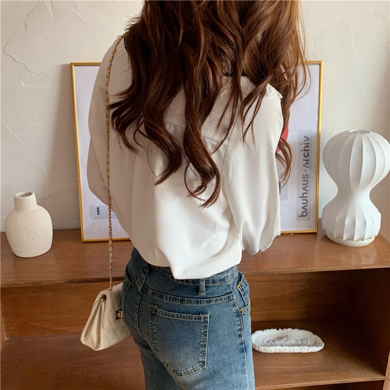 

QOERLIN Women Chic 2021 New Shirts Solid Sweet Retro French Gentle Long Sleeves Sailor Collar Elegance Blouse Female White Tops