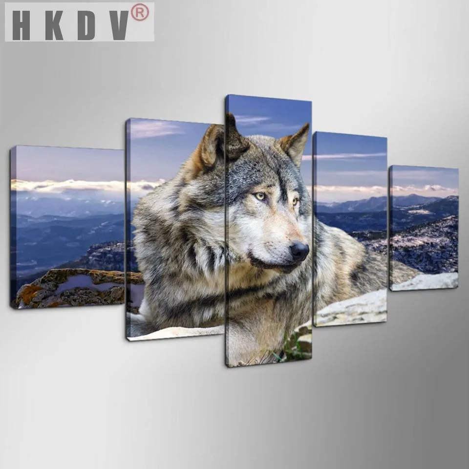 

Картина на холсте HKDV с изображением животных, волка, 5 панелей, постер, современное настенное оформление, домашний декор, гостиная без рамки