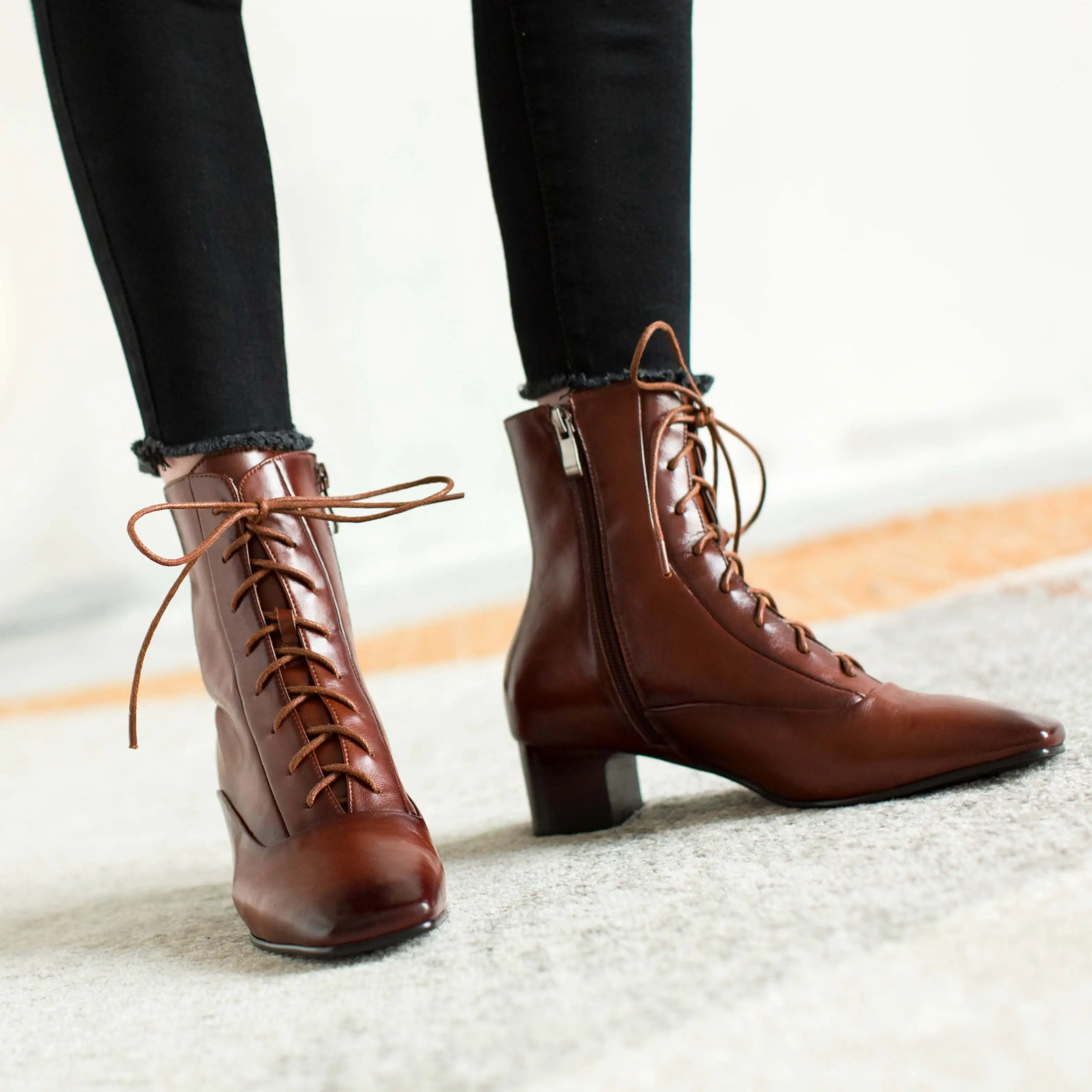 

Krazing pot work boots genuine leather gorgeous square toe thick med heel zipper office lady dress daily wear ankle boots L55