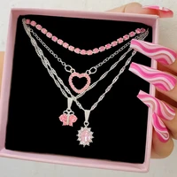 flatfoosie new multi layer pink heart crystal pendant necklace for women boho butterfly rhinestone tennis chain necklace jewelry