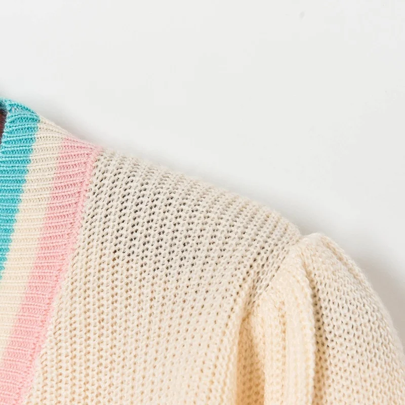 

2021 Korean Simple Woman Long Sleeve Loose V-neck Knitted Cardigan Sweater Single-breasted Harajuku Love Stripe Print Sweater