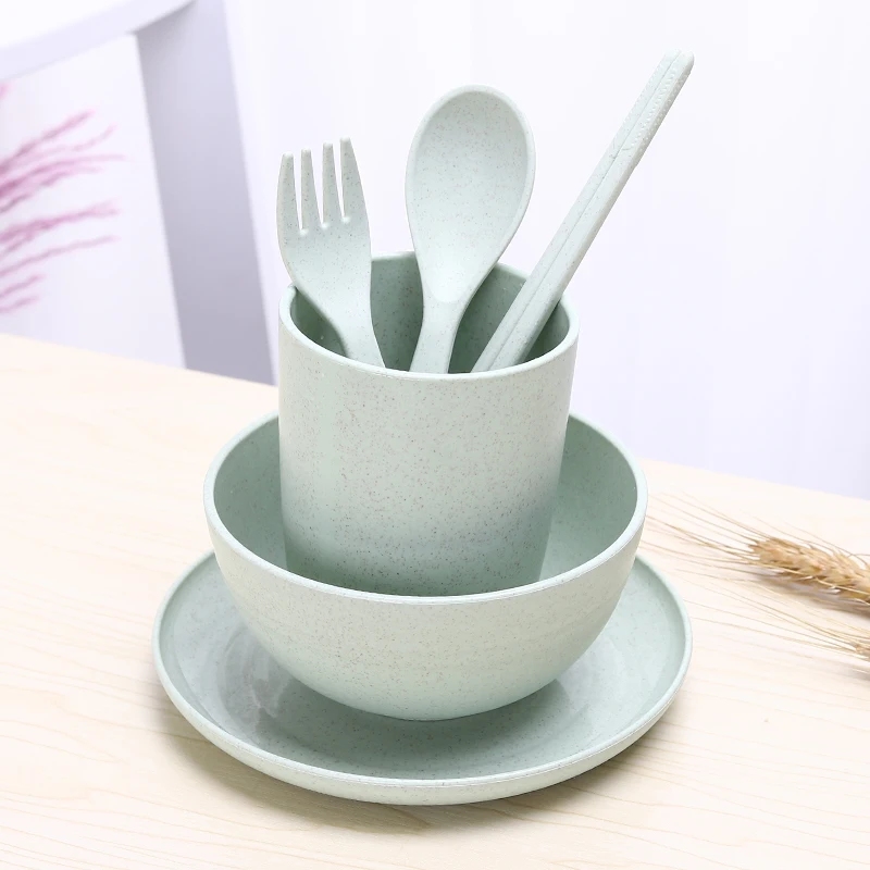 

Nature Wheat Straw 6pcs Tableware Sets Plates Bowls Cup Fork Spoon Dishes and Plates Dinner Set China Dinnerware Dish Set