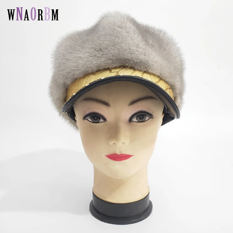 Fur Hat Winter Warm Natural Mink Fur Hats for Women Classic Luxury Caps Earflap Christmas Hat Thermal octagonal hat with brim