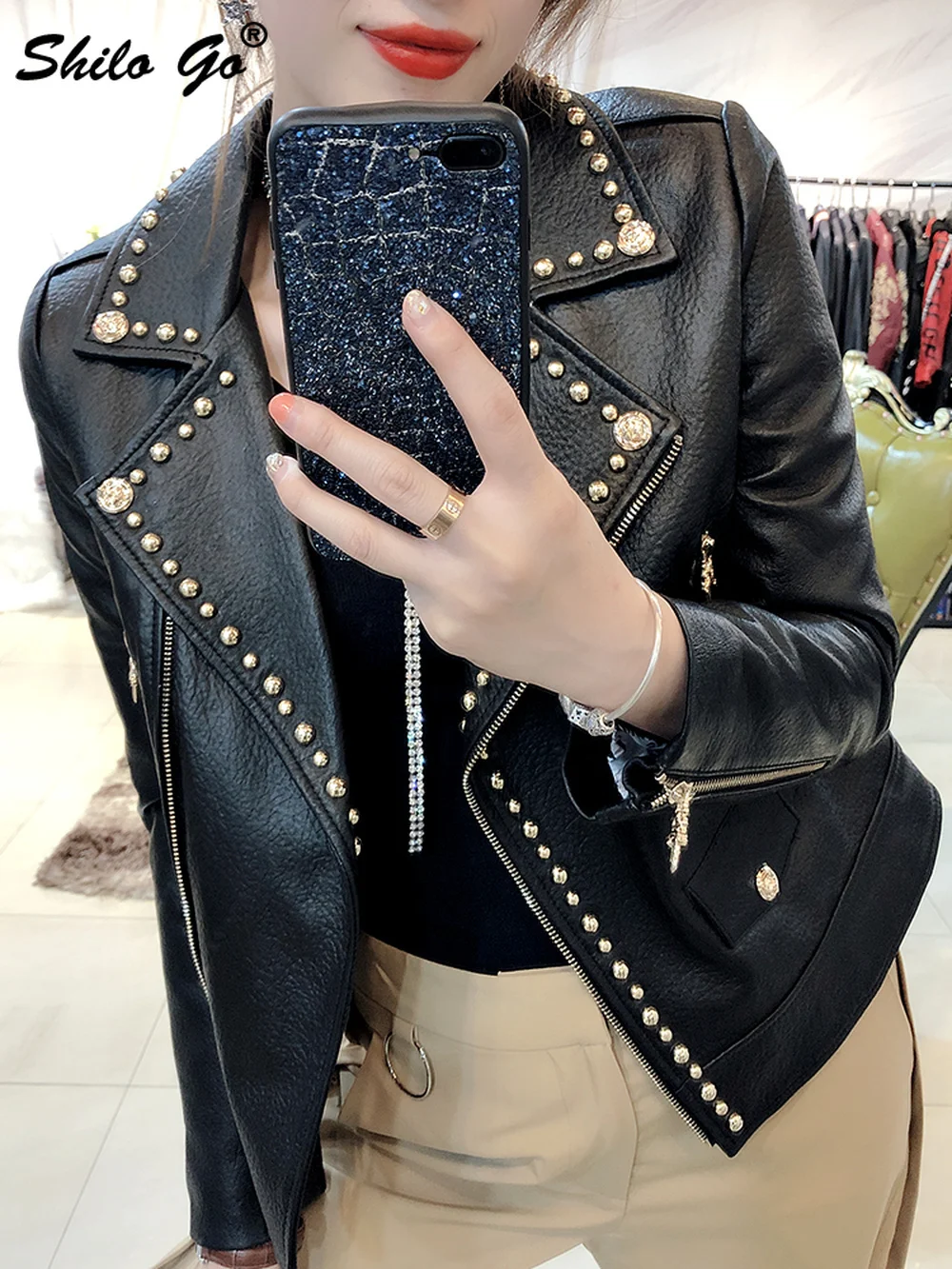 Куртка из натуральной кожи байкерская куртка с заклепками зазубренная горловина