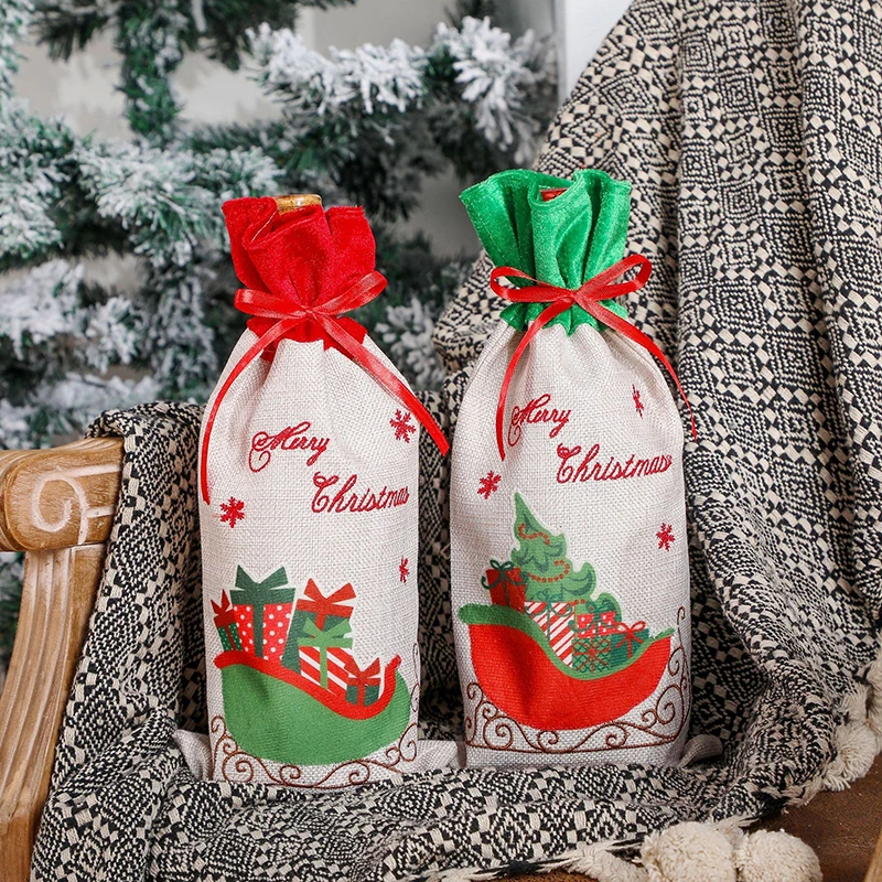 

1pc Christmas Red Wine Bottle Covers Bag Linen Holiday Lattice Car Champagne Bottle Cover Christmas Decorations For Home