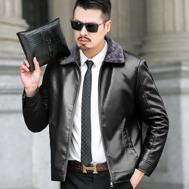 Мужская кожаная куртка с мехом утепленная бархатная мягкая теплая куртка-бомбер