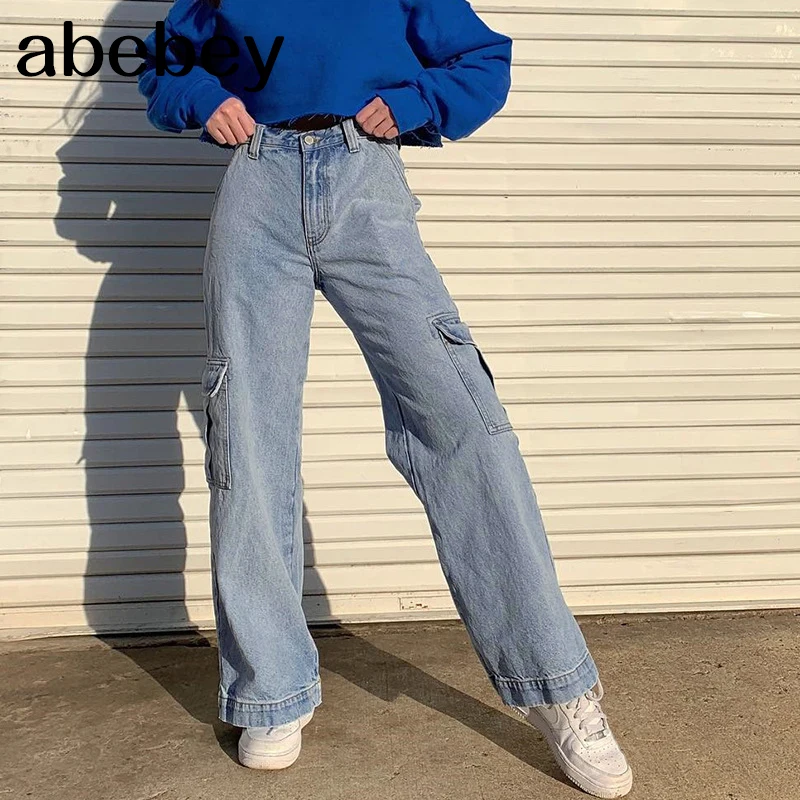 Pockets Patchwork High Waist Jeans Women Streetwear Straight Jean Femme Blue 100% Cotton Cargo Pants |